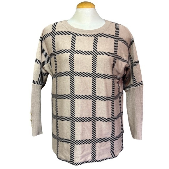 Cable & Gauge Sweaters - Women's Large Cable & Gauge Tan Square Patterned Sweater with Button Sleeves